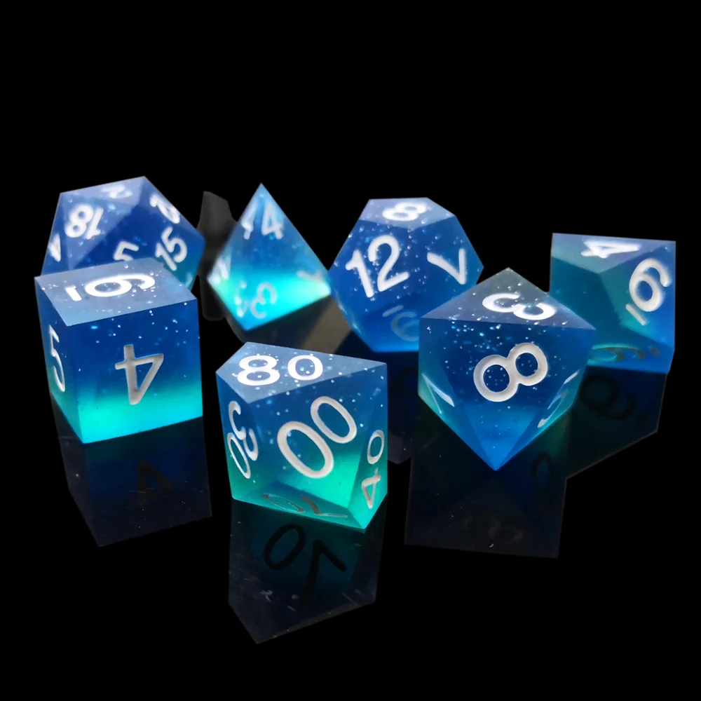 Super Sharp Gamer Dice Set of 7 D4 D6 D8 D10 D12 D20 Handmade Starry Sky Blade Games Metal Dice Resin Polyhedral Backgammon Dice