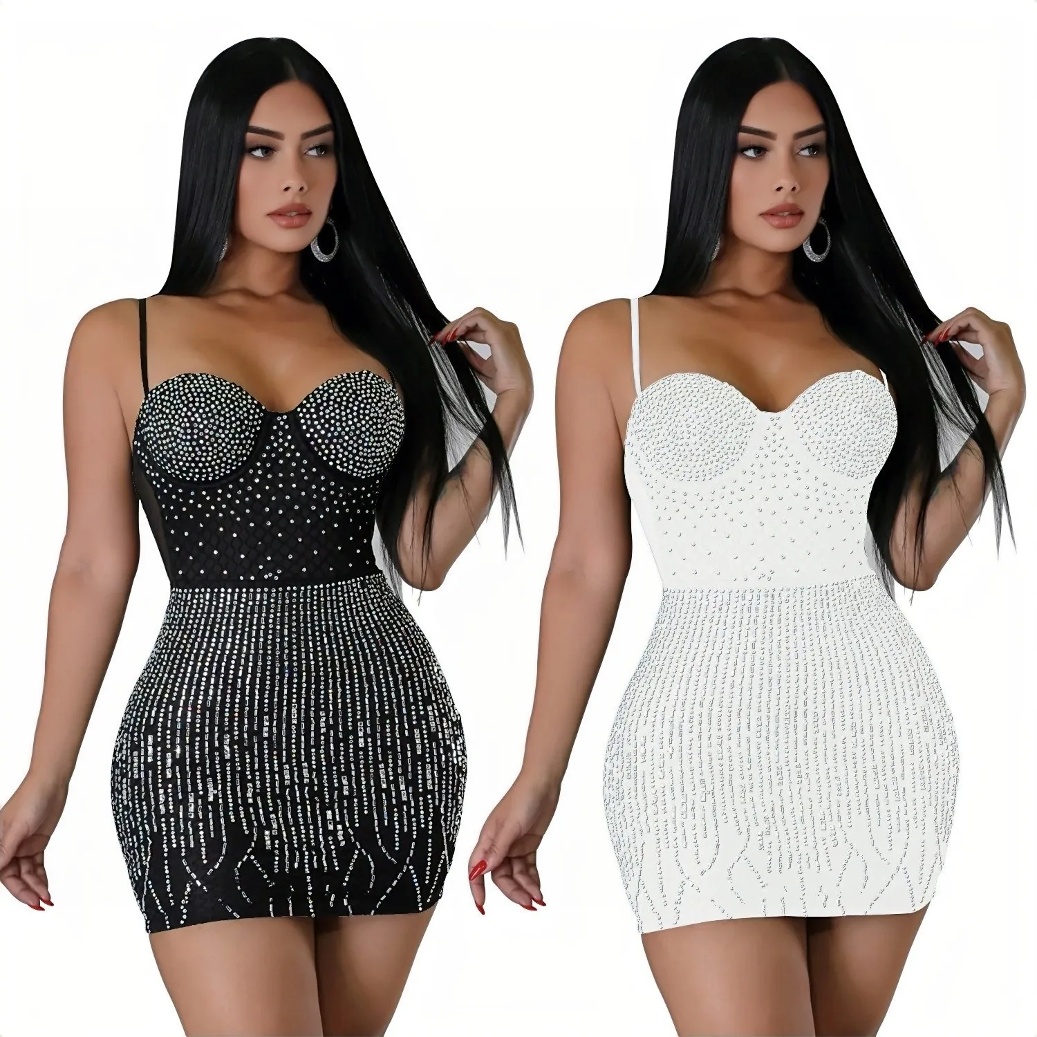 New Luxury Rhinestone Mini Dress Woman Sleeveless Mesh See Through Skiny Dress Female Summer Evening Pencil Dress