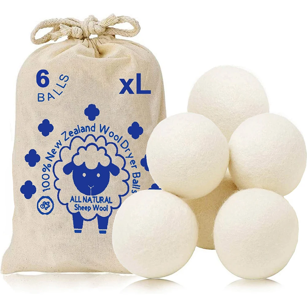 Wool Dryer Balls 6 Pack XL Laundry Dryer Balls,New Zealand Wool Natural Organic Fabric Softener Shorten Drying Time Baby Safe