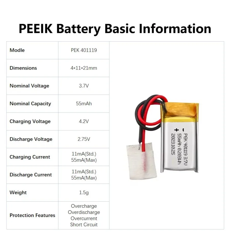 PEEIK 401119 55mAh 3.7V Safety-certified Batteries Safety Protection Hearing Aid USB Flash Drive Mobile Payment Device