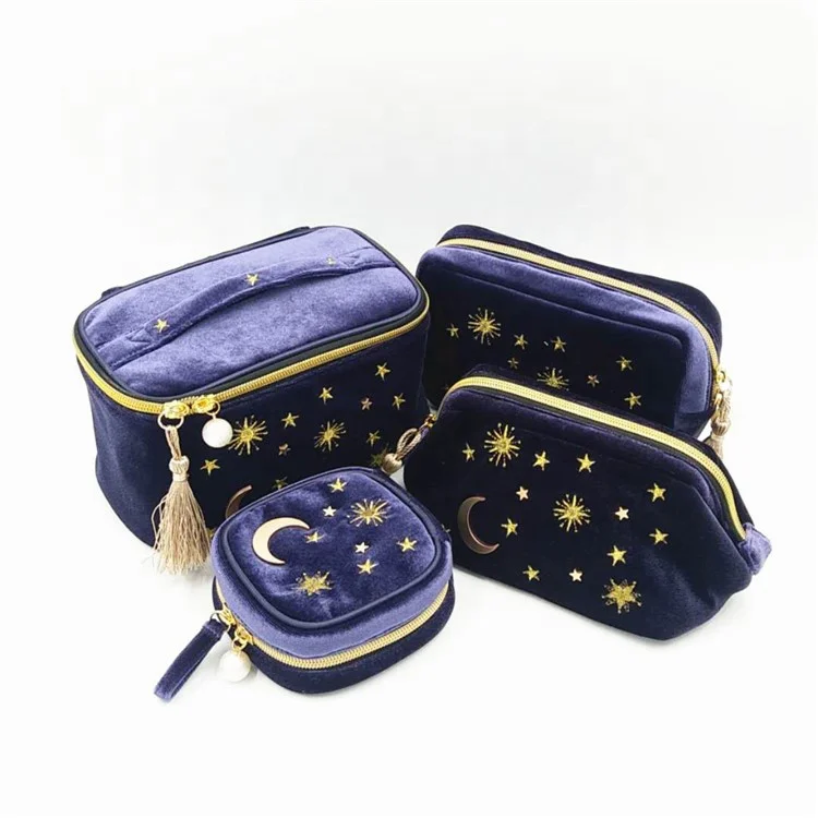 Retail Star And Moon Decoration Cosmetic Bag Set Dark Blue Velvet Makeup Pouches Mini Jewelry Storage Bags