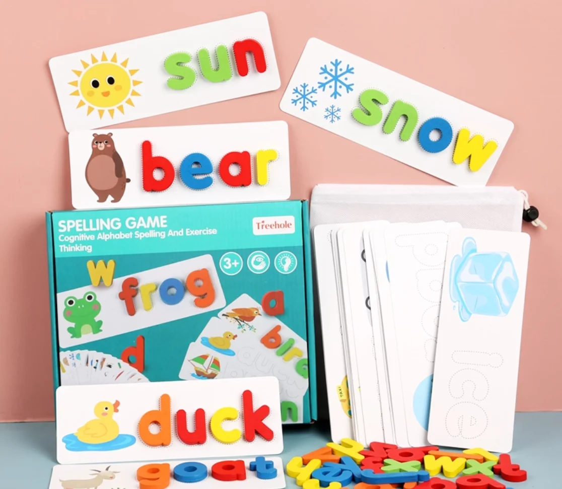
Multicolor Wooden English Words Spelling Game Toy set Congnitive Alpabet Spelling and Exercise Thinking Toy with paper cards 