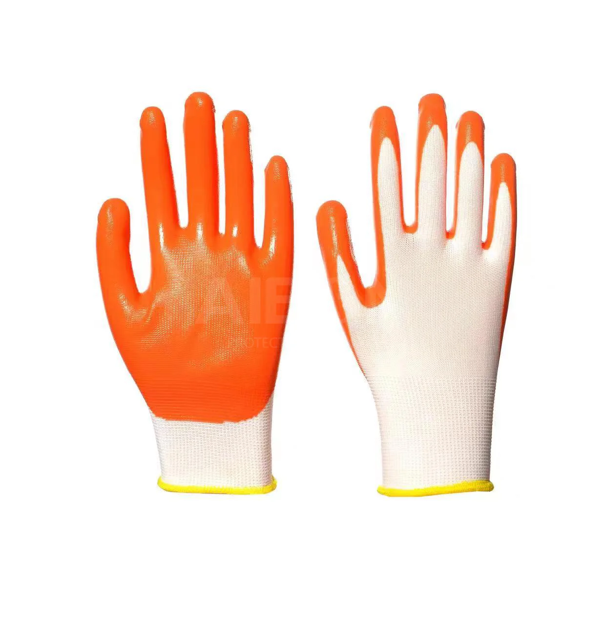 red-orange color, skin  fused  textured elbow length blended  super transparent sanitized skeleton nitrile foam coated gloves