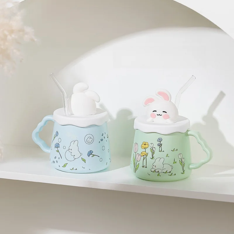 420ml Cute Bunny Ceramic Mug With Lid And Straw Couples Coffee Mug Gift Mugs