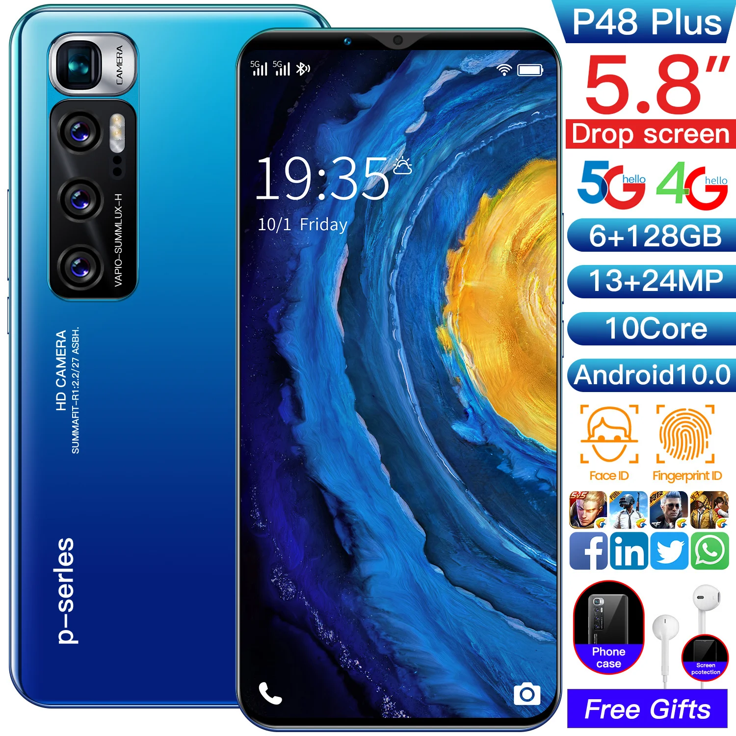 P48 Plus 6+128GB 13+24MP 4800mAh 10 Core China Makes Cheap Mobile Phones Global Version Android 10 Dual SIM 5G Smart phone