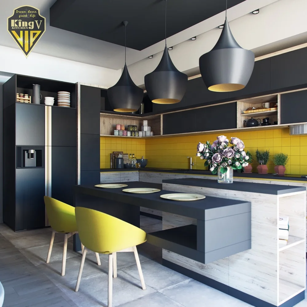KINGV New Shaped Modular Design Luxury Black Matt Lacquer Modern Kitchen Cabinet kitchen cabinet customized made in china