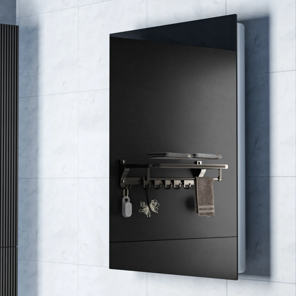 Экологичное высококачественное противотуманое зеркало для ванной комнаты с огнями по краю. Освещенная настенная панель инфракрасным обогревателем