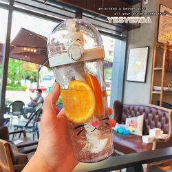 Clear 500ml customized hot selling portable drinking cup with lid and strawanimal cute plastic stirring water bottle