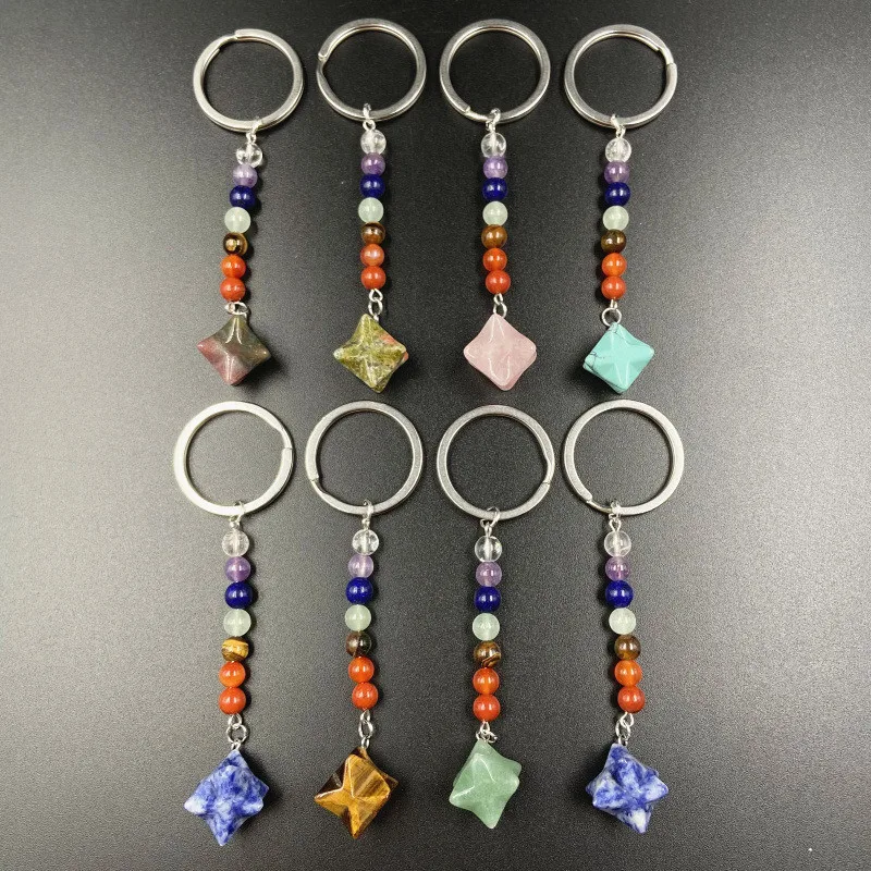 Natural Seven Chakra Stones Key Chain Reiki Crystal Merkaba Key Ring Pendant