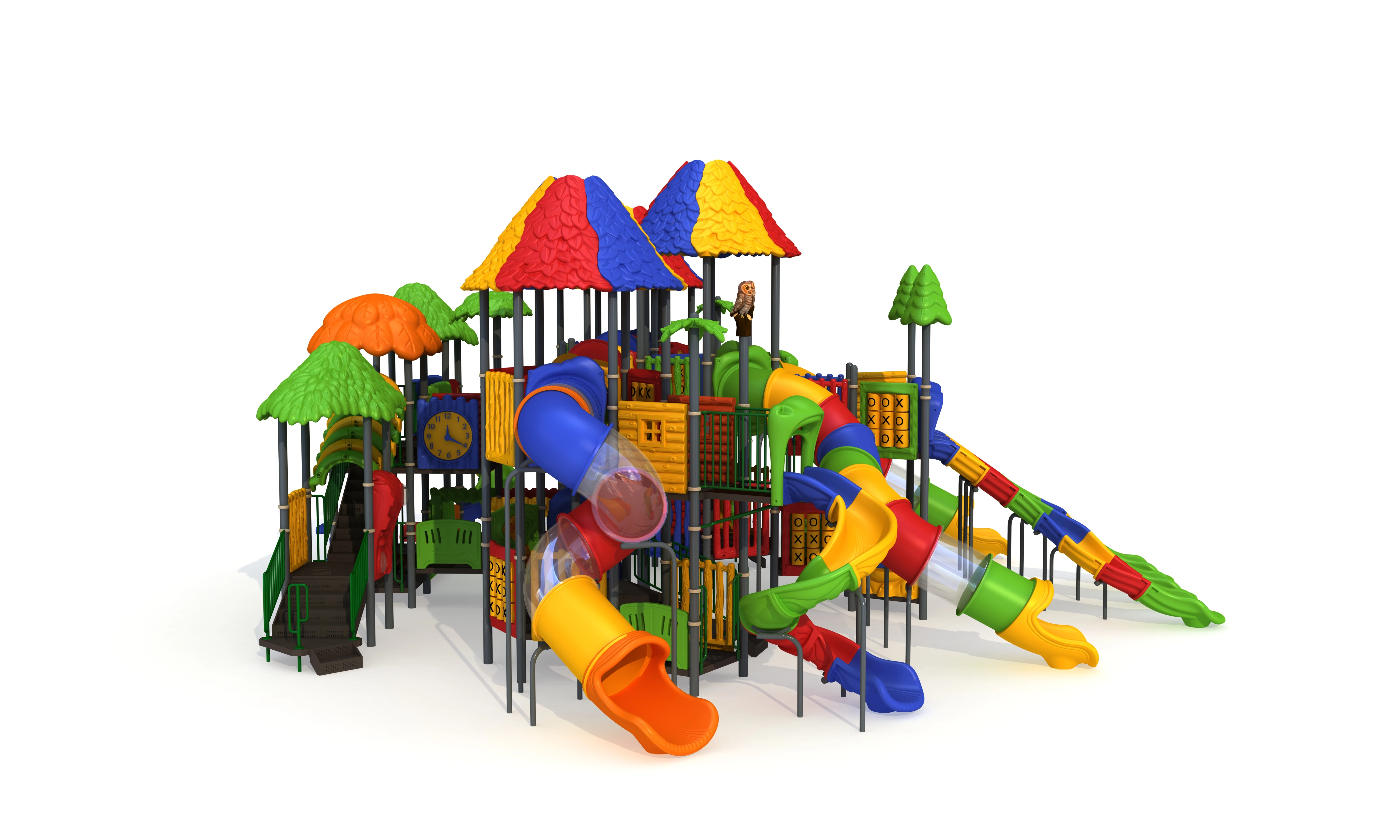 Colorful rainbow Big playground with high play towers and slides for landscaping and amusement park