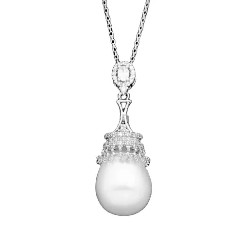  Fashion jewelry from china white gold plated AAA zircon pave brass pearl pendant necklace with earring set design for