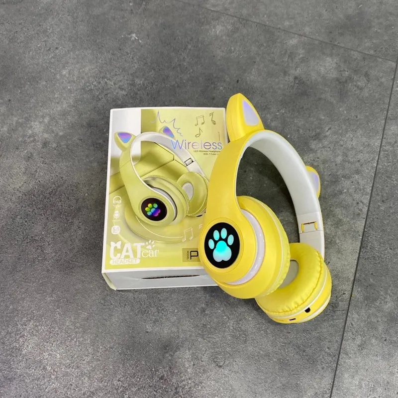 P33M Colorful Glowing Cute Cat Ear Headphones Blue tooth 5.0 Bass Noise Cancelling Headset Support TF Card Headset With Mic