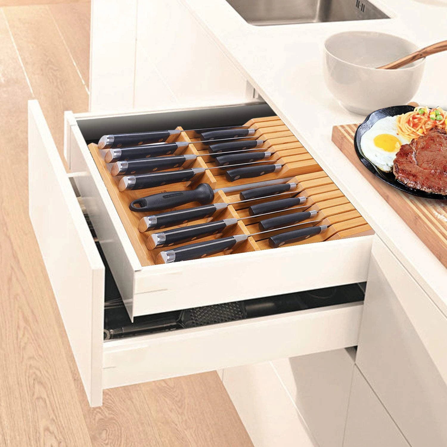 Family use In-drawer Knife Block Organizer Large Steak knife Holder Drawer Kitchen Knife Block