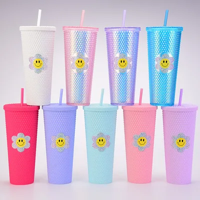 650ml double wall plastic Straw cup Rivet matte studded tumbler star buckes  cup LOGO custom