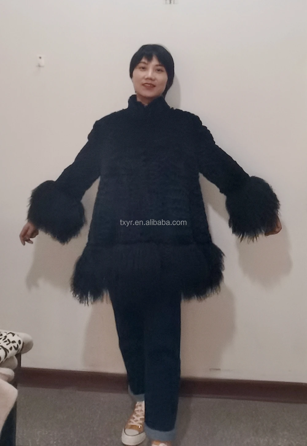 YR117 Mexico Style Plus Size Mongolia Rabbit Fur Coats Women Colored Fur Long Coat