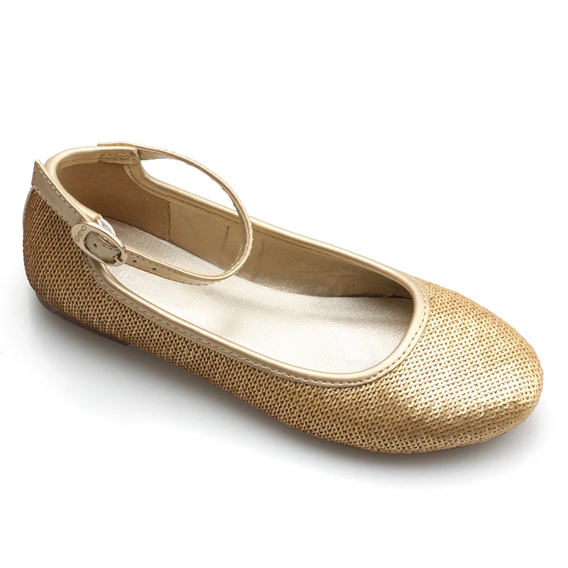 Cheap fashion flat shoe for school party girl sequin upper gold leather insole strap ballet shoes