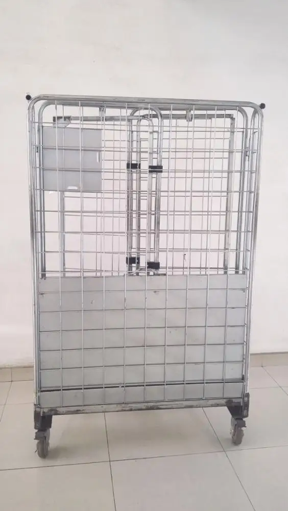 
Warehouse Cage Foldable Roll Door Logistic Security Wire Mesh Cart Storage Metal Trolley With Wheels 