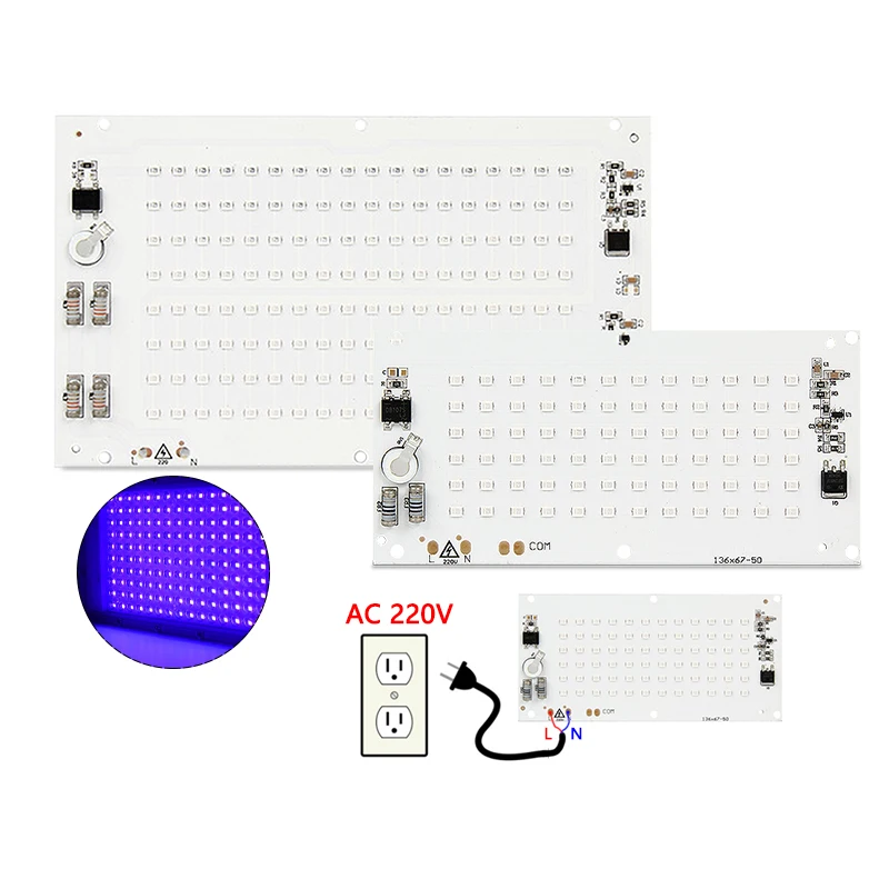 50W 100W UVA UV 395nm LED DOB Linear Light Source Board Drive-Free AC 220V High Voltage Ultraviolet Lamp Beads for Curing Lamps