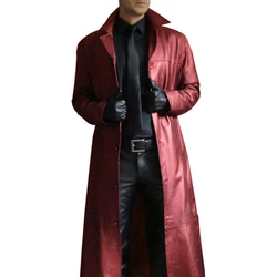 Trendy Fashion Solid Color Leather Windproof Long Trench Coat Windbreaker Jacket For Men