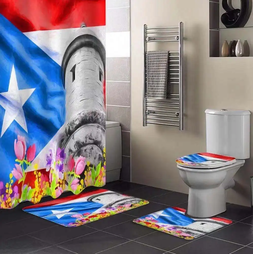 
Wholesale Puerto Rico Flag Designs Bathroom 4 Pieces Curtain Toilet Lid set 