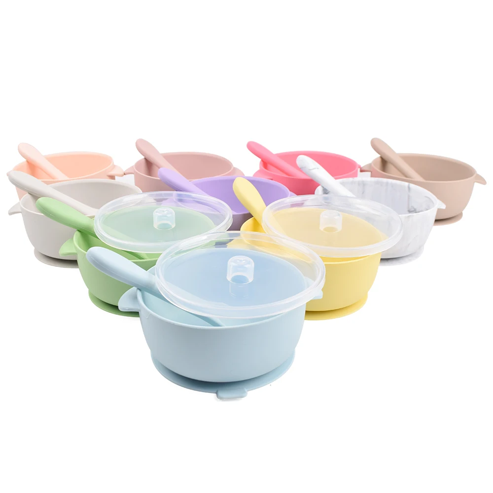 BPA Free Non-slip Kids Toddlers First Stage Self Feeding Bowl Microwave Safe Silicone Baby Suction Bowls With Lid