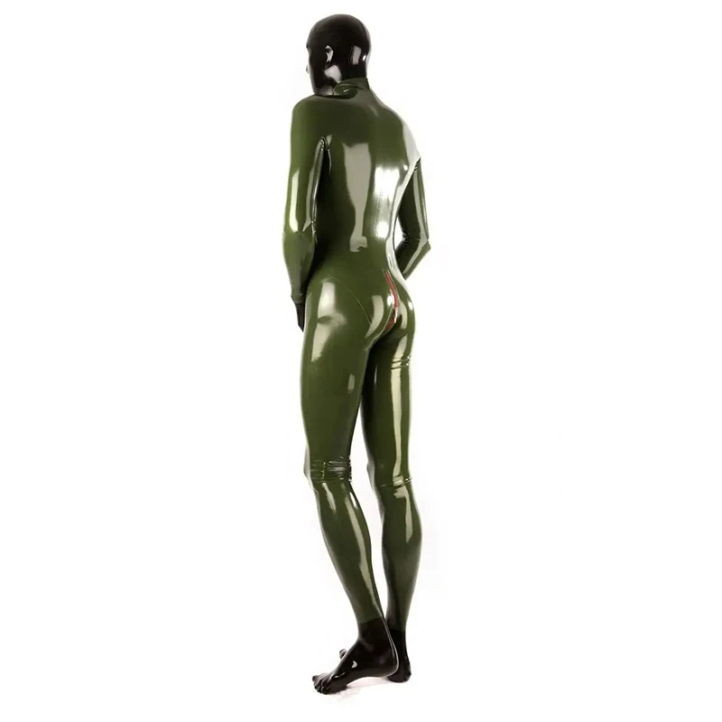 Sexy Army Green Latex Fetish Catsuit with Front Zip Rubber Jumpsuit Handmade Uniform Bodysuit wo Hood