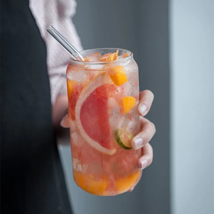 Drinking Glasses with Bamboo Lids and Glass Straw 4pcs Set - 16oz Can Shaped Glass Cups, Beer Glasses, Iced Coffee Glasses, Cute