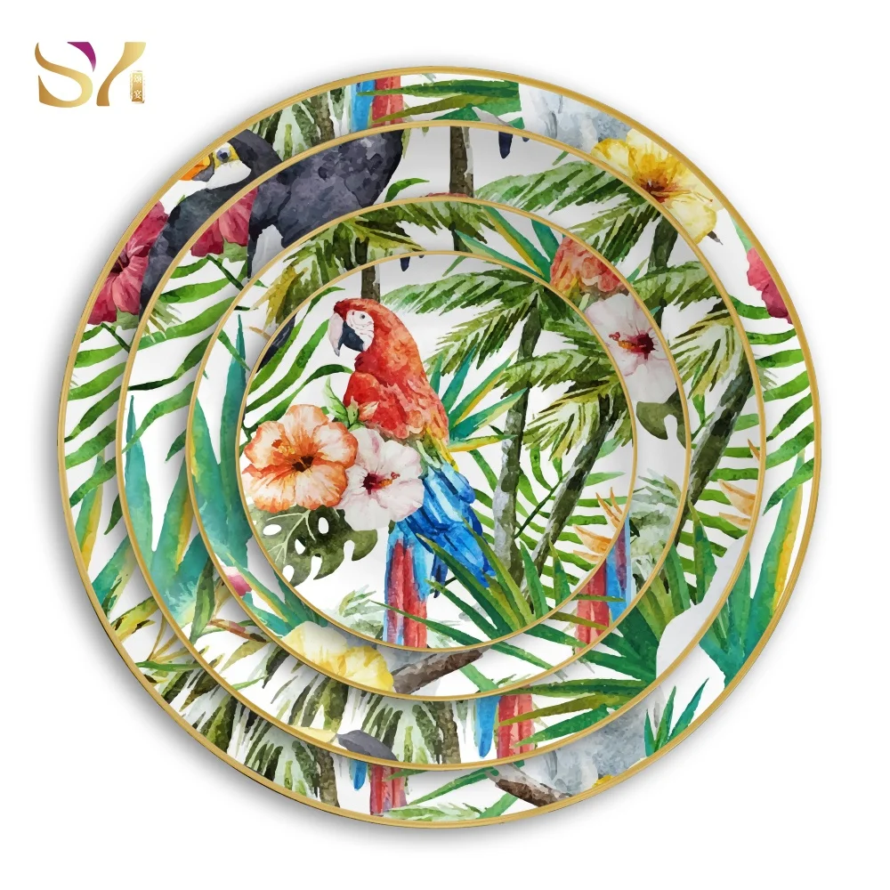 Роскошный цветочный дизайн керамический изысканный костяной фарфор набор для ужина зеленые свадебные тарелки для зарядного устройства