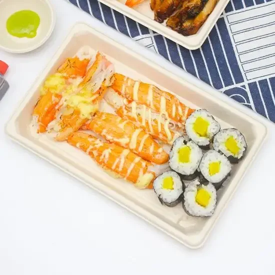 Disposable Rectangle Food Container with Lid Bagasse Tray Take Away Sushi Box Bagasse Packaging