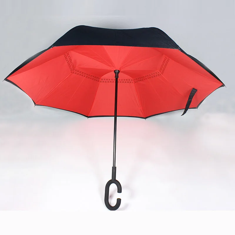 Black single-layer cloth long handle umbrella with wooden bent handle
