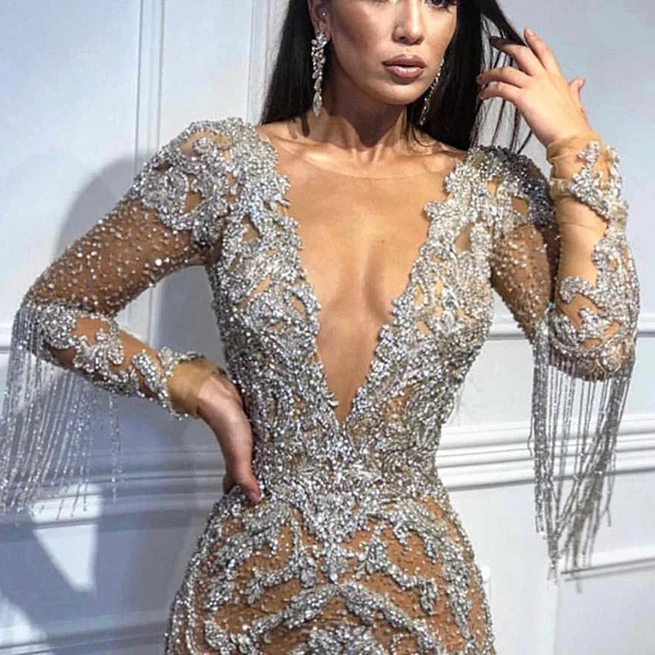 New Arrival High Quality Evening Dress Women Ali Express Long Sleeve Silver Shiny Dresses