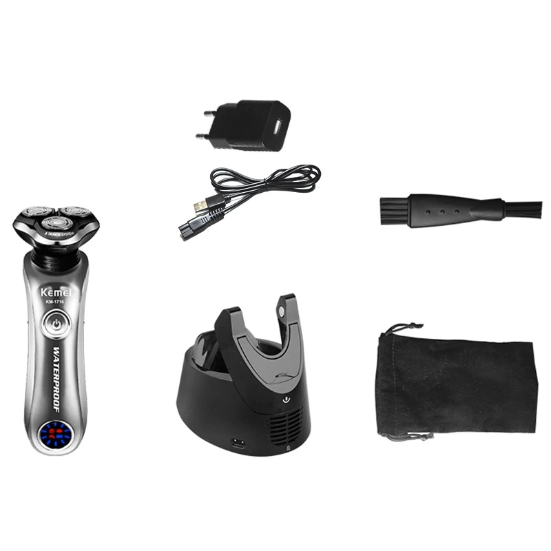 Kemei KM 1716 Rotary Shaver for Men Wet and Dry Electric Razor Rechargeable Facial Shaving Machine Ipx6 Washable Beard Trimmer