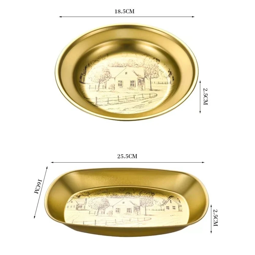 Gold Restaurant Gold Serving Tray Round Dessert Stainless Steel Dinner Plates Cake Dish Silver Storage Plate For Wedding