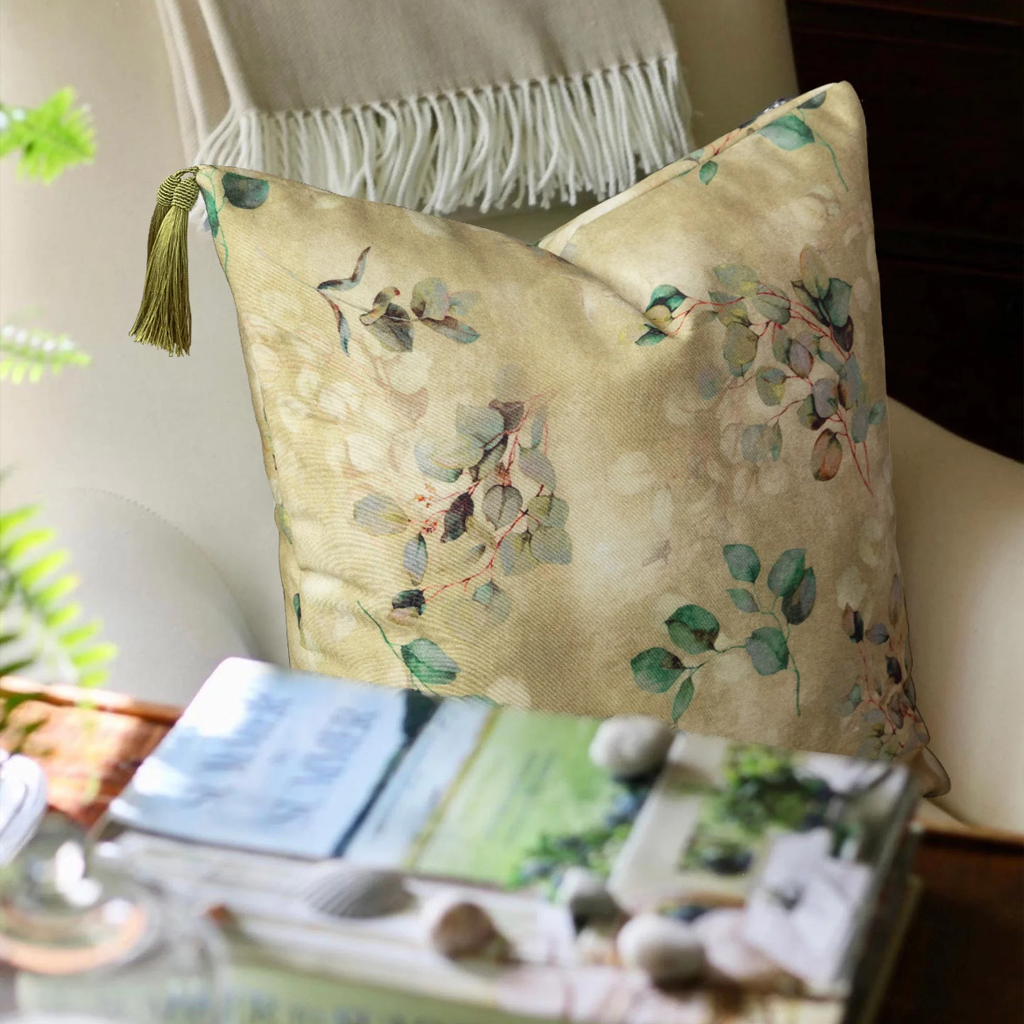 Natural Style Bright Color Bamboo And Floral Home Decorative Printed Cushion Cover With Tassel For Living Room