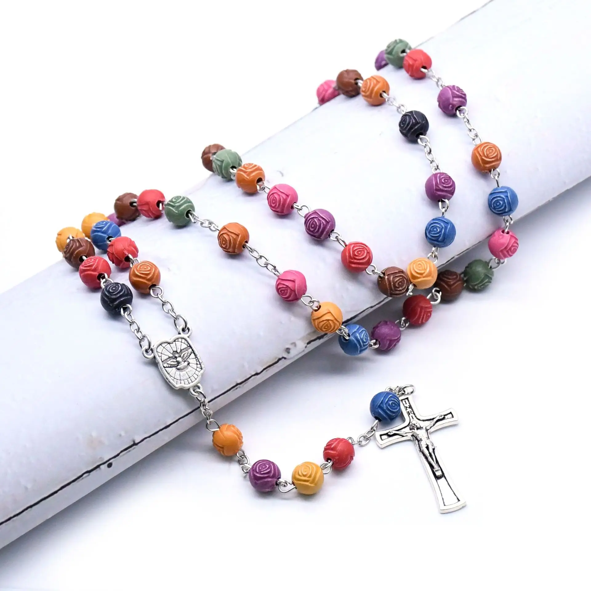 8mm Holy Family Rose Beads Rosary Christ Cross Necklace Holy Church Prayer Beads