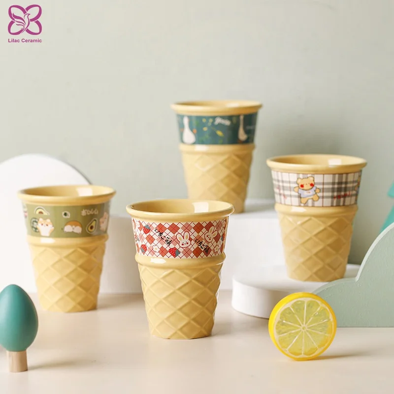 Ice-cream Cone Shape Coffee Mug Ceramic Cartoon Creative Porcelain Water Milk Cup for Children Couple