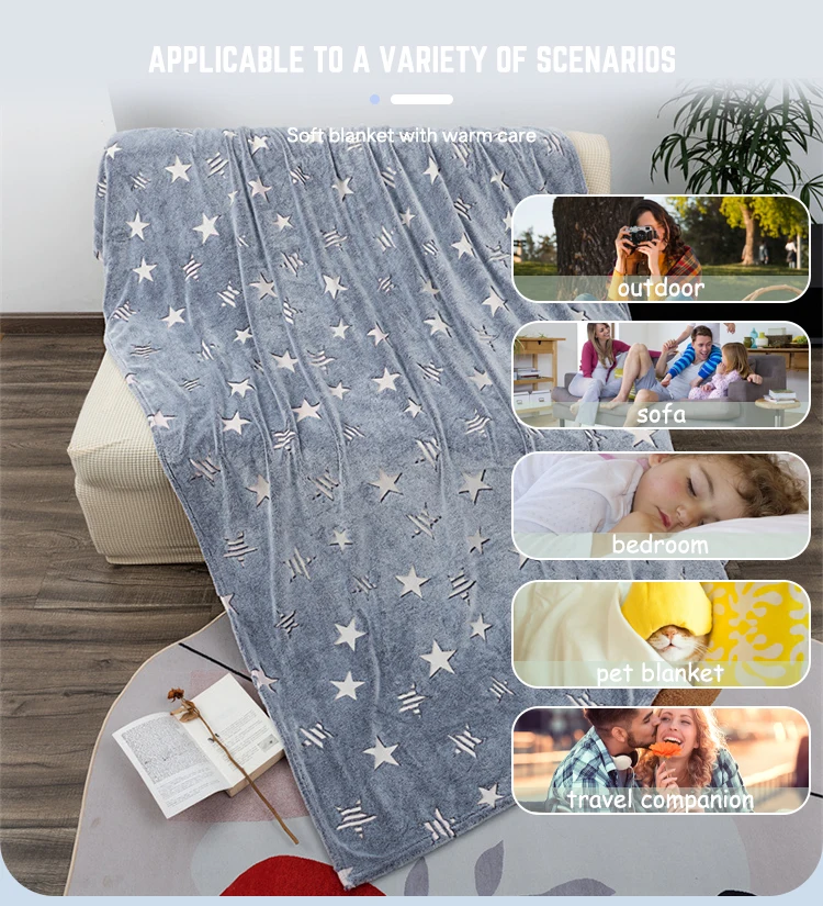 Custom Super Soft Grey Cozy Flannel Star Shining Luminous Flannel Fleece Blanket Glow in The Dark Baby Blanket