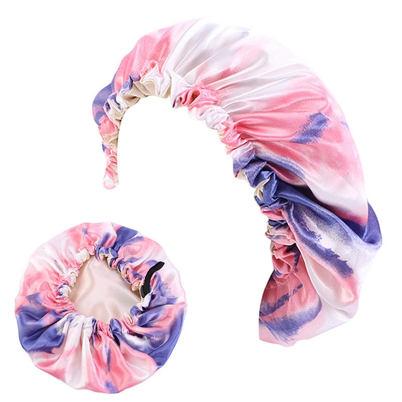Hot selling Designer Women Kids Reversible Tie Dye Silk Satin bonnets With Drawstring Colorful Silky Mommy And Me Bonnets