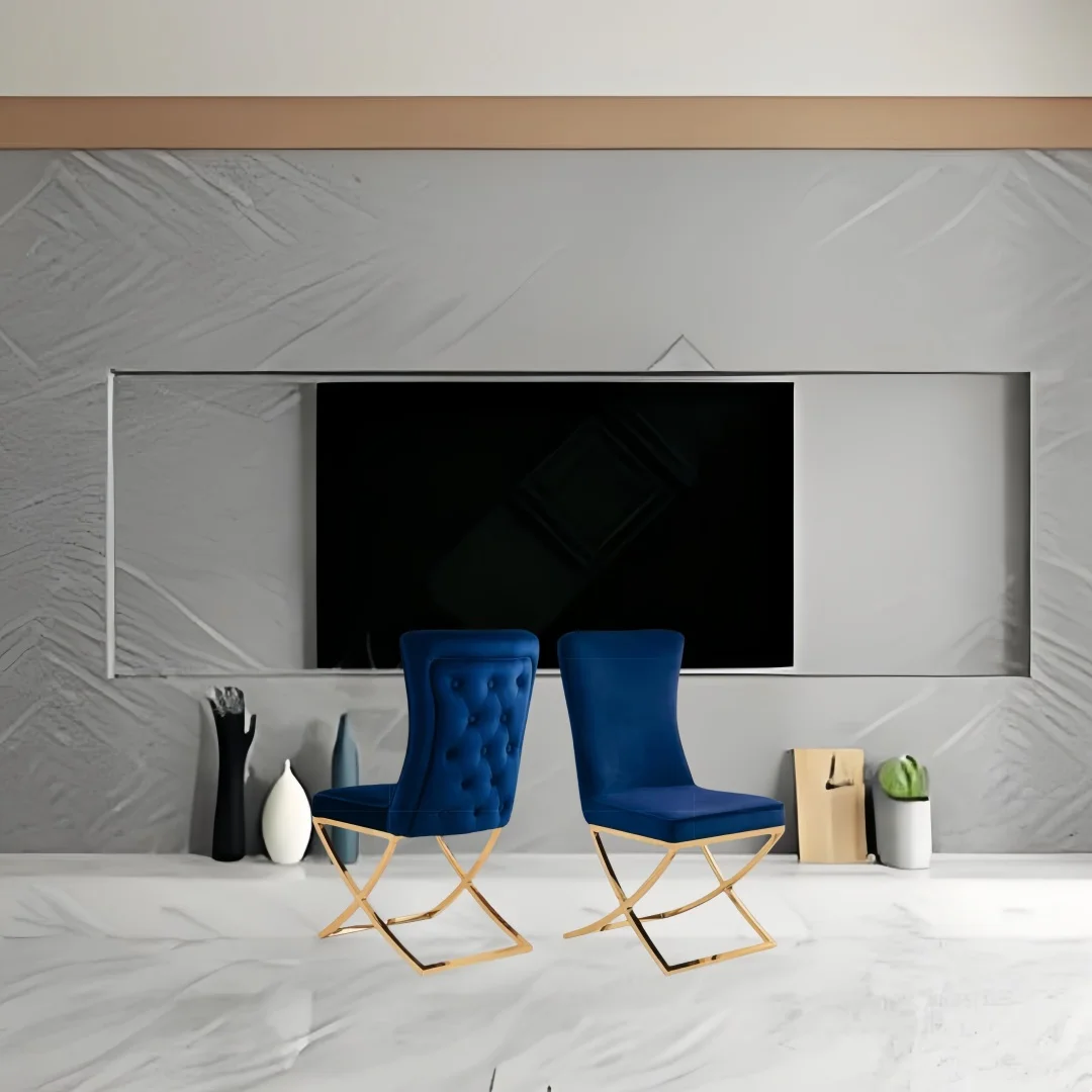 Современный бархатный стул с высокой спинкой обеденный синей перекрестной ножкой из нержавеющей стали застегнутой для квартиры тренажерного зала деревянный PP