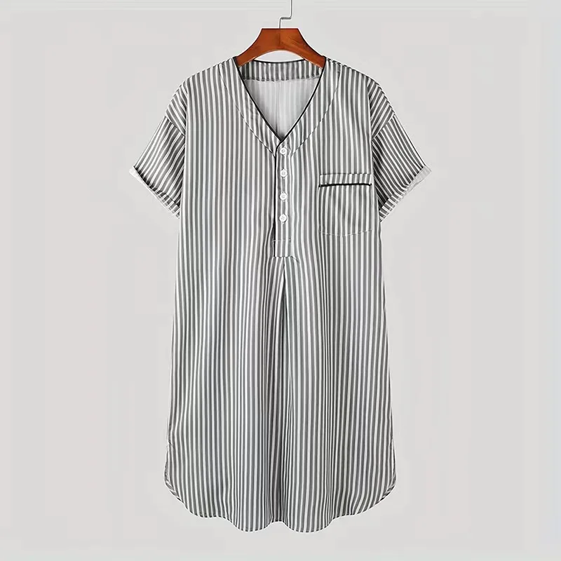 2024 new style men summer spring wear pajamas turkey Muslim sleepwear striped printed Deep V neck button loose  long sleep shirt