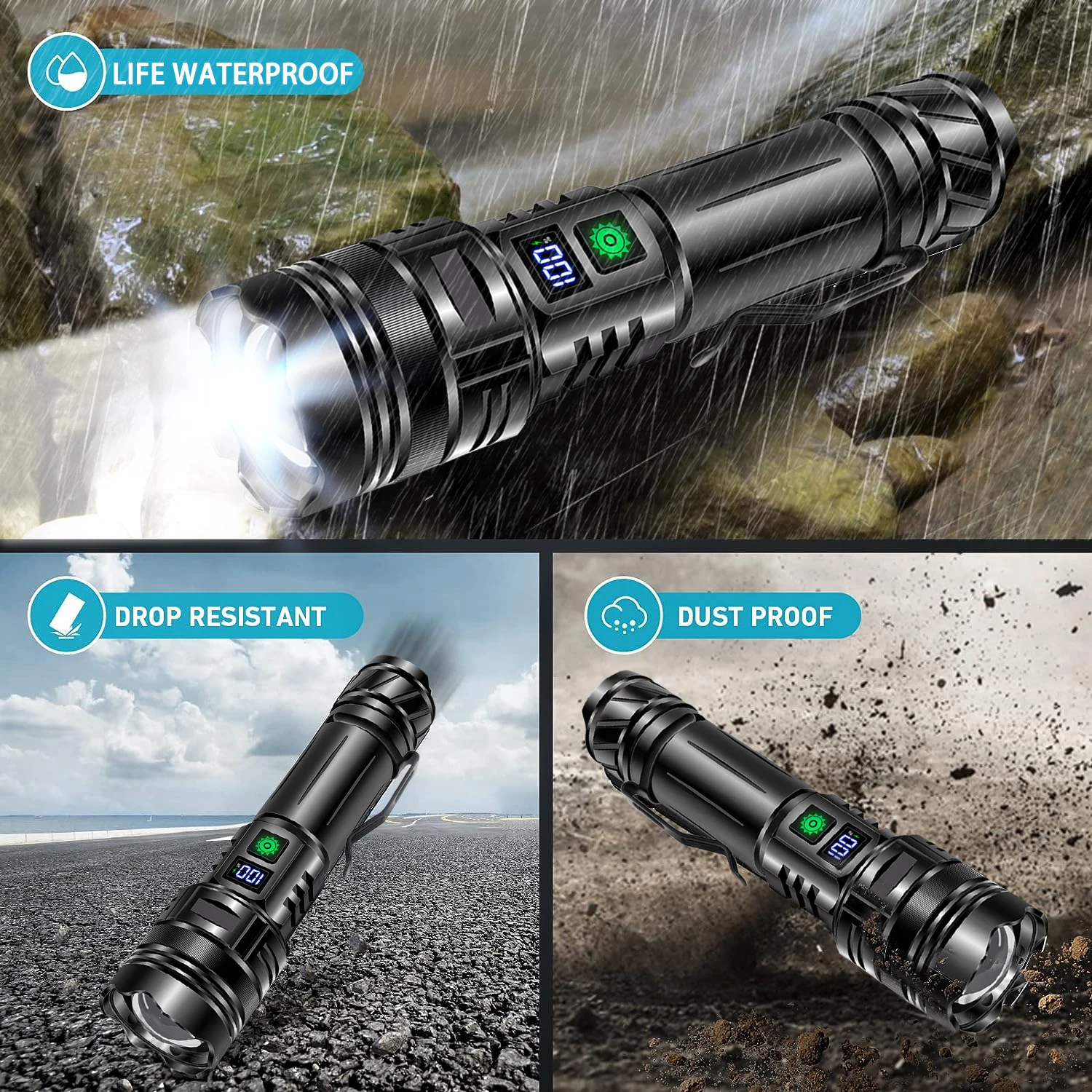 USB Rechargeable Super Bright 3 Modes Zoomable Waterproof LED Flashlight Torch With Power Display