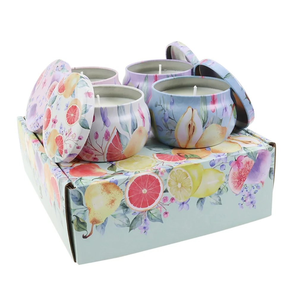 Chinese Custom Private Label Fruit Flower Design Making Soy Wax 4.4 oz Tin Set Scented Candle