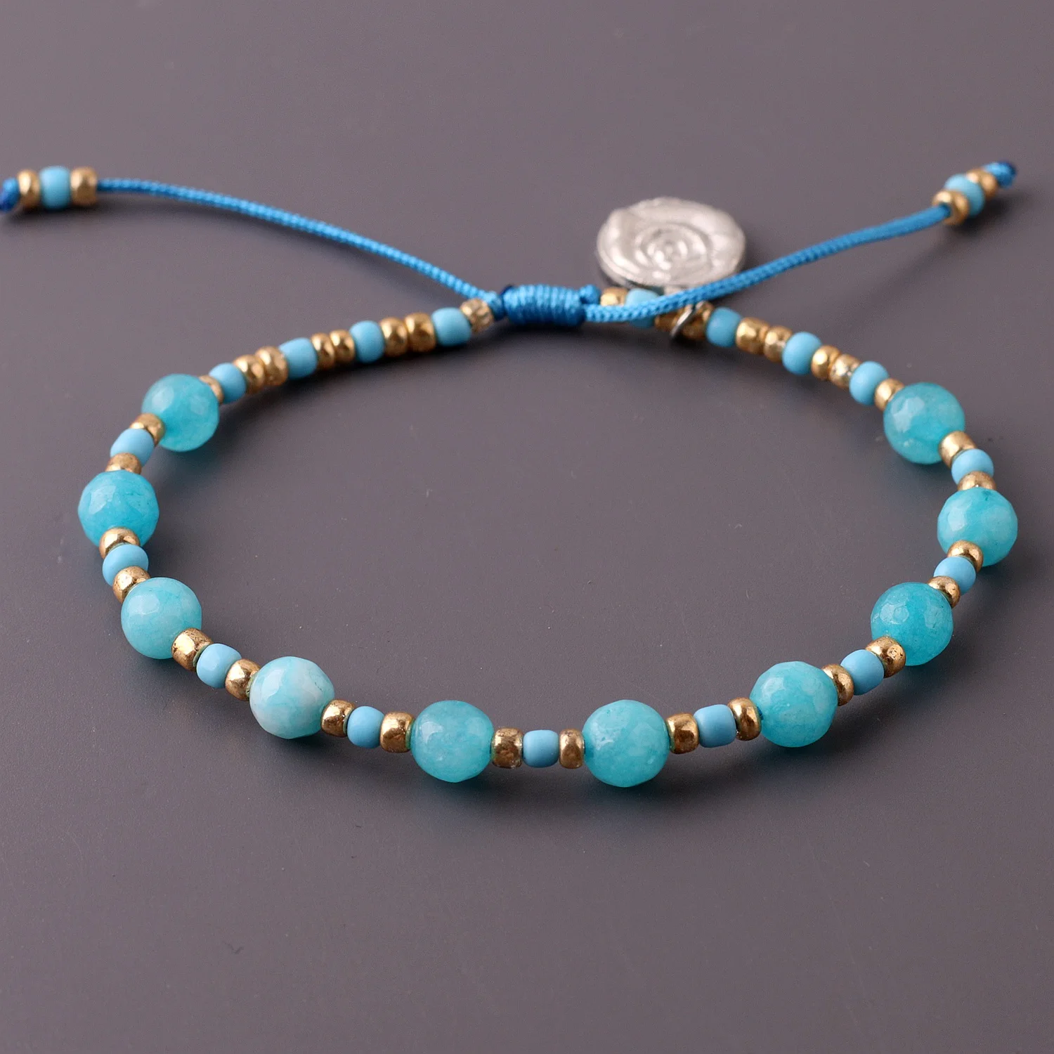 Silver Rose Medal Catholic 6mm Gemstone Beads Blue Rosary Bracelet on Cord for Gift