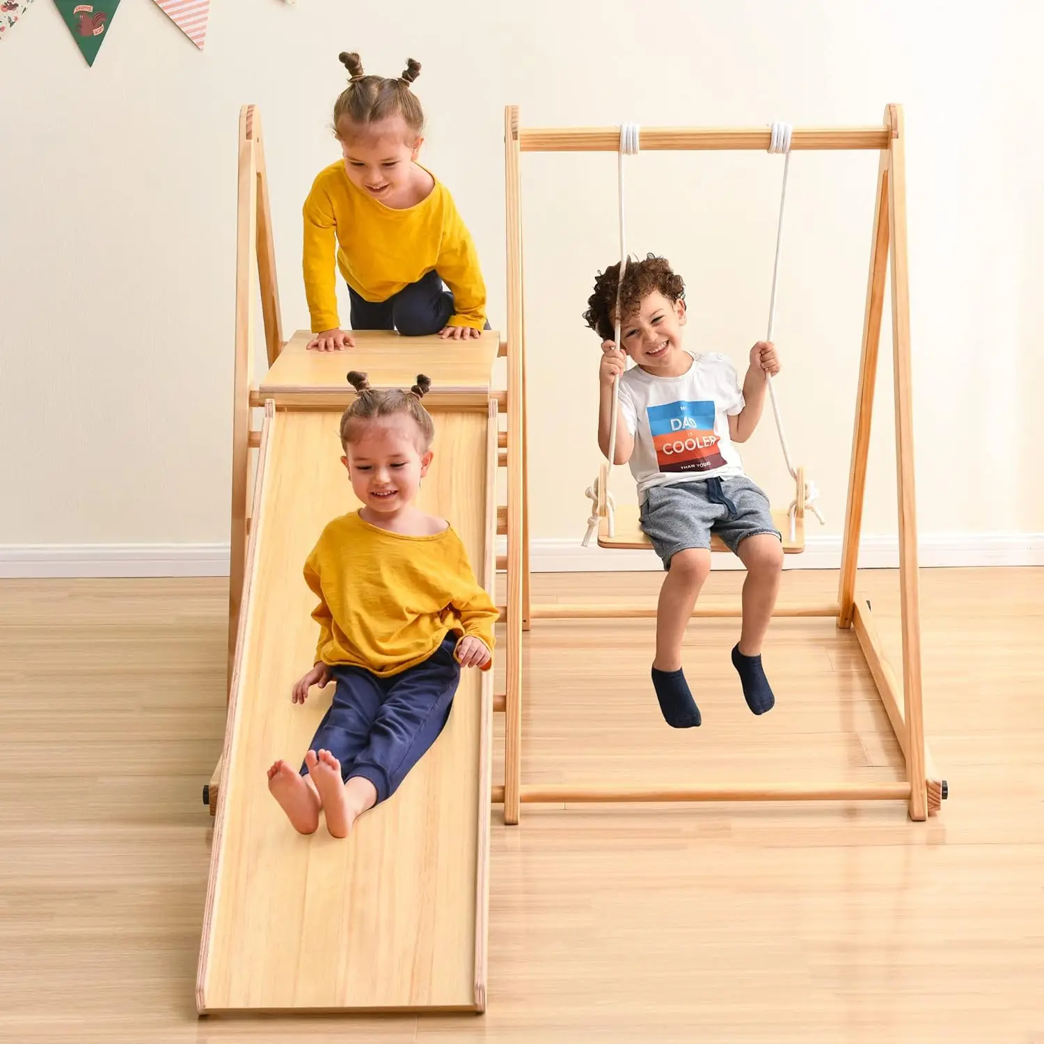 Indoor Jungle Gym Foldable Montessori Climbing Set 4-in-1 Slide And Swing Set With Wooden Slide Swing For Kids