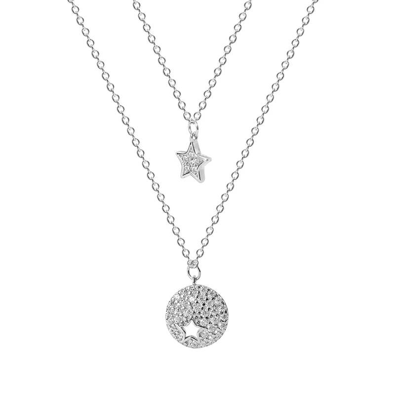 925 Sterling Silver Layer Necklace Pendant Star and Circle Coin Gold Plated Double Chains Necklace Women