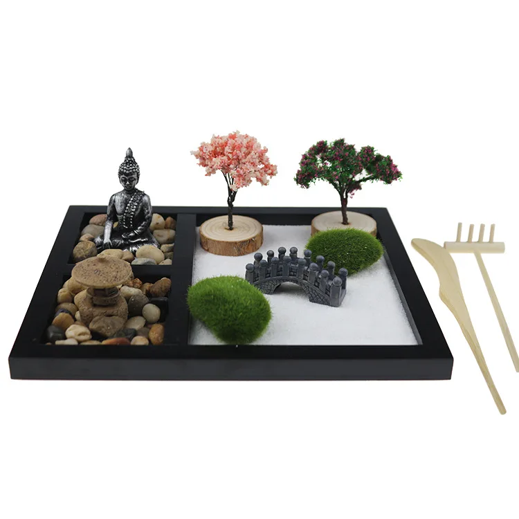 Buddha Statue Flamingo Flower Tree Zen Garden Kit Indoor Mini Zen Sand Garden Miniature For Home Desktop Decor