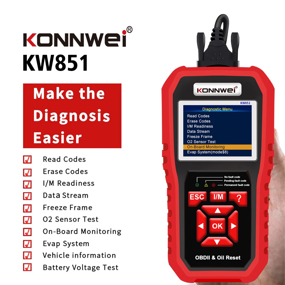 Konnwei OBD2 Diagnostic Vehicle Tool KW851 Car Oil Service Light Reset OBD2 Diagnosis Scanner KONNWEI Automotive Engine Analyzer