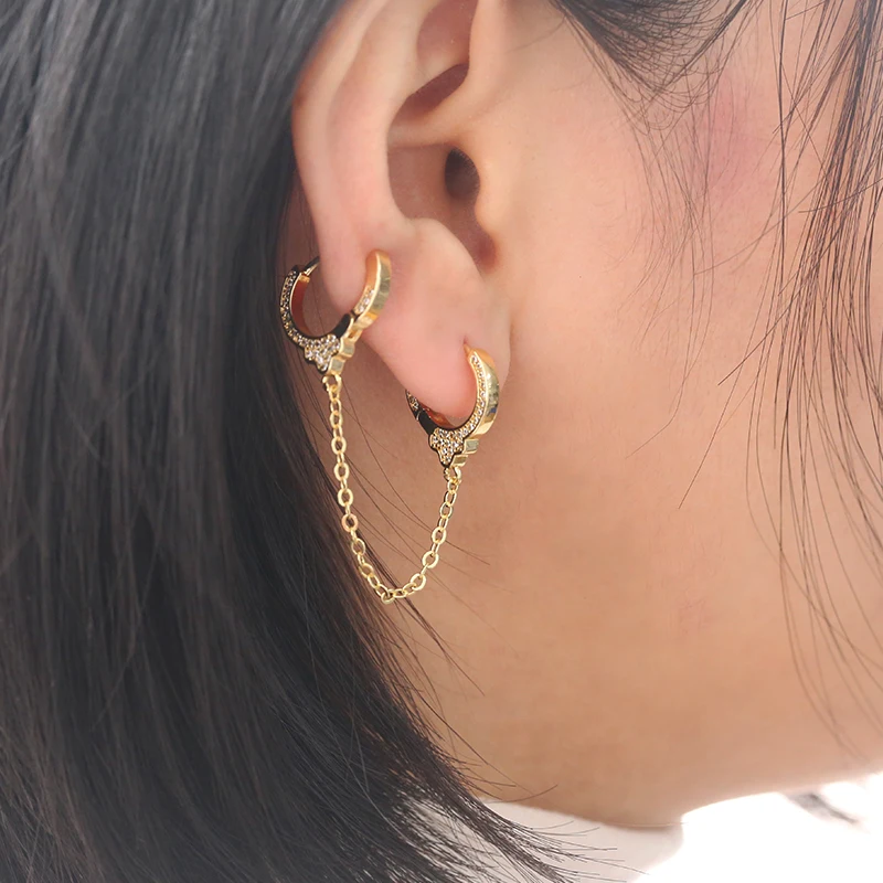 Flynee Vintage Statement Earring Plating 18K Gold Chain Cuff Earrings Cubic Zircon Handcuff Huggie Earrings For Women