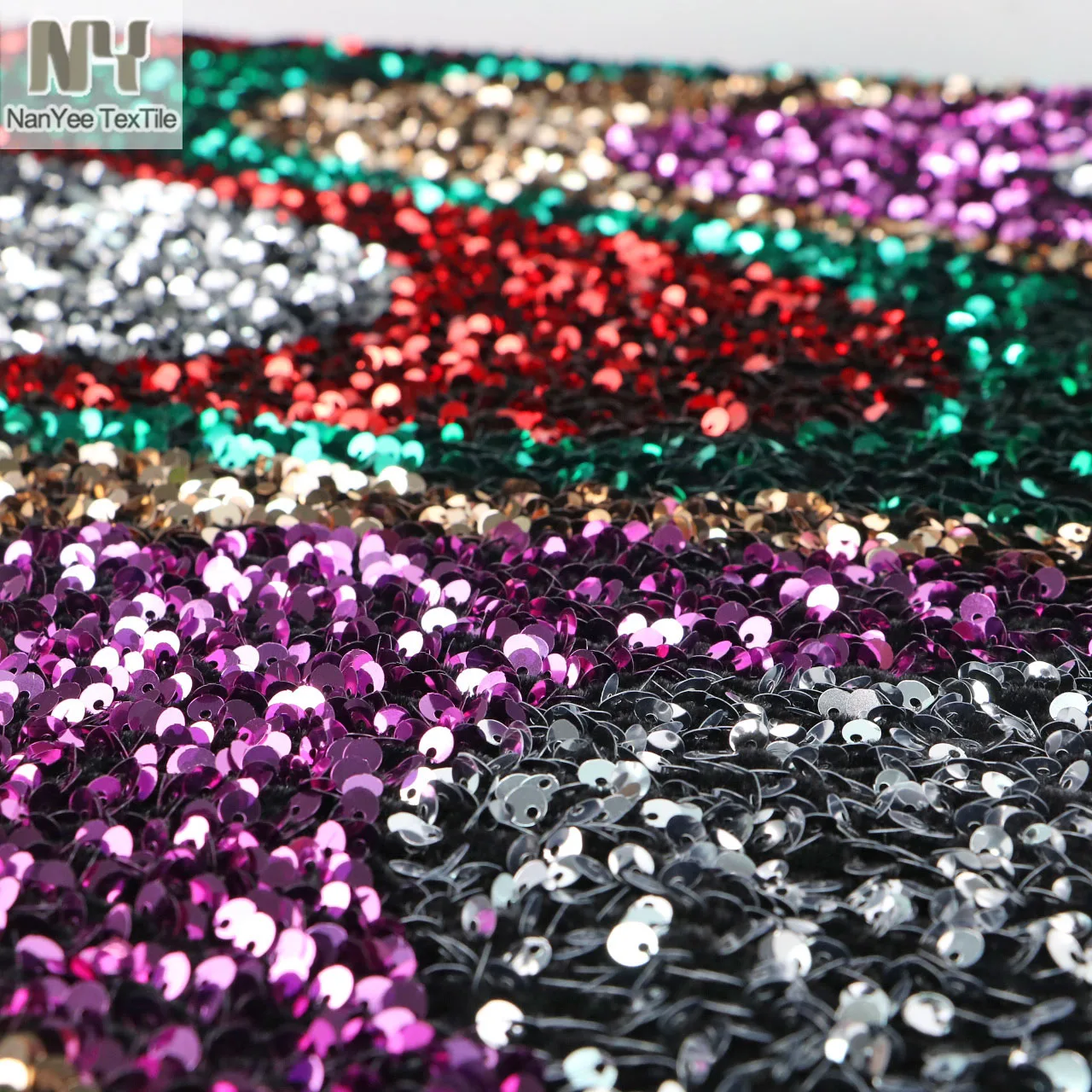 Nanyee Textile Rainbow Color Wave Design Foam Sequin Embroidered Fabric On Velour