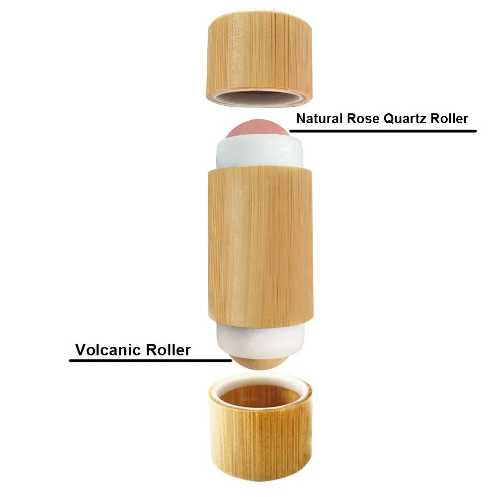 2022 New Arrival 2 in 1 Bamboo lipstick design volcanic oil absorbing roller with Rose Quartz Facial Eye Roller